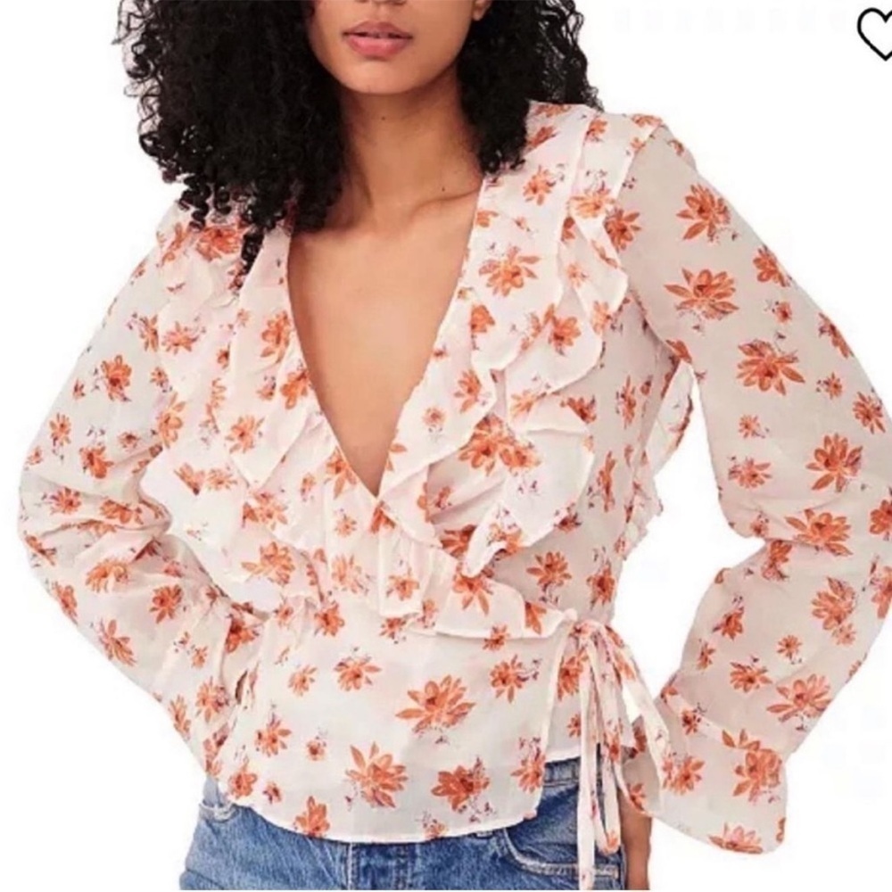 FREE PEOPLE‎ Amanda Floral Ruffles Wrap Top WHITE orange Sz S